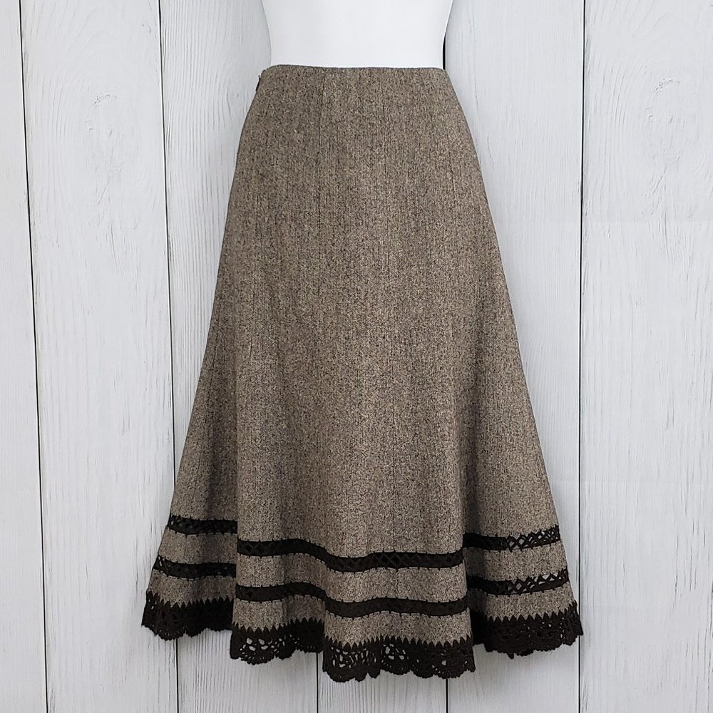 TALBOTS sz 8 Brown WOOL SILK Midi Skirt Crochet